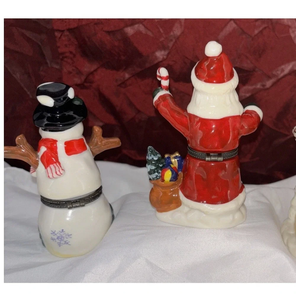 Vtg Christmas Porcelain Hinged Trinket Boxes‎ Santa Snowman W/ Special Gifts 2pc